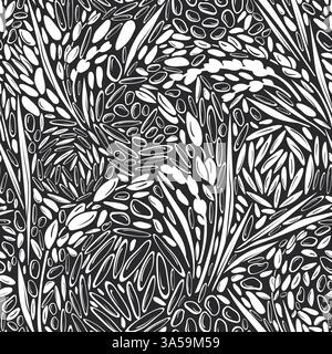 Rice seamless pattern. Vector cereal plant, white texture seed on black background. Natural organic food. Detailed hand drawn illustration. Healthy ea Stock Vector