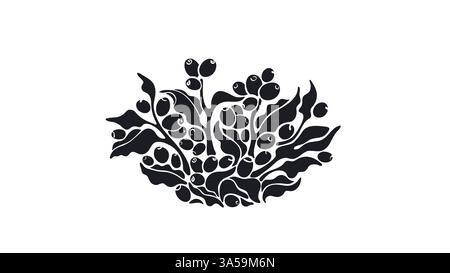 Coffee label. Vector tree, beans, shape of berry. Black graphic round sticker on white background. Traditional aroma espresso Stock Vector