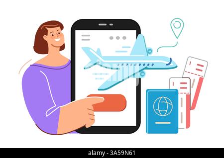 Purchasing flight tickets using mobile phone. Travel booking and service online. Airline e-tickets purchase Stock Vector