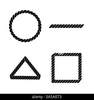 Black and white geometric shapes made of rope, isolated on white background, vector illustration. Stock Vector
