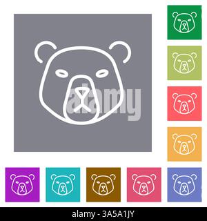 Line art bear head icon set. Simple, stylized design. Presented in a variety of outline colors on square backgrounds. Stock Vector
