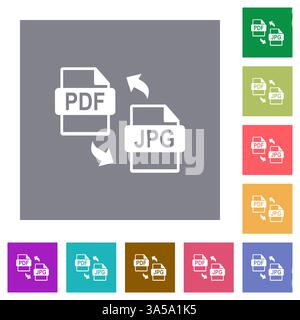 Solid icon set showing conversion between PDF and JPG file formats. Includes curved arrows to indicate the process. Multi-color. Stock Vector