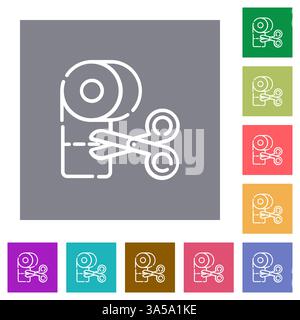 Line art icon set of scissors cutting adhesive tape. Represents cutting, crafting, and office supplies. Various colors. Stock Vector