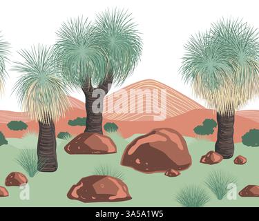 Xanthorrhoea tree and mountains landscape seamless pattern. The Grass tree, native Australian endemic flora. Vector background. Stock Vector