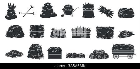 Black hay icon. Farm straw bales, dried grass piles and haystack silhouette symbols, rural agriculture hay harvest elements. Vector isolated set Stock Vector