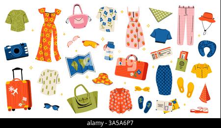 Summer travel items. Cartoon tourist accessories, beach suitcase bag sunglasses hat flip flops map camera, vacation journey concept. Vector traveling Stock Vector
