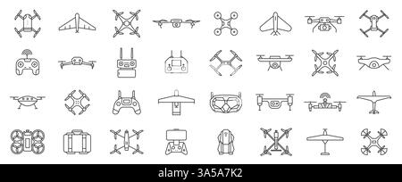 Drone line icons. Aviation unmanned controlled aircraft with camera, copter drones with wireless control, battery and propellers. Vector set of flying Stock Vector