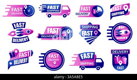 Free shipping emblem. Delivery service badge with truck, rocket, cargo and zero price tag, fast and free shipment promotion stickers. Vector delivery Stock Vector