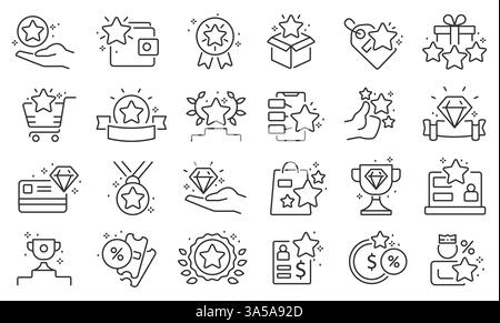 Benefit line icons. Star reward loyalty program, bonus outline pictograms, employee prize rewards voucher ticket, premium quality gift. Vector benefit Stock Vector