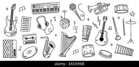 Doodle music instrument icons. Hand drawn funny guitar piano saxophone trumpet, childish sketchy musician melody tools elements. Vector instruments Stock Vector