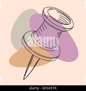 A pushpin drawn in one line. Minimalist linear pin icon attaching paper, Continuous one line drawing of a paper pin. Drawing pin. Stock Vector