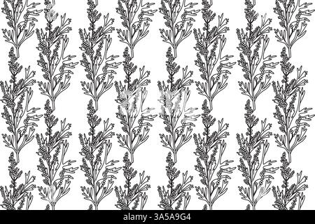 Line art botanical seamless plant pattern with berries vector illustration. Black outline repeating floral pattern in white background. Graphic design Stock Vector