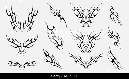 Neo tribal. Y2k tattoo punk gothic abstract symbols, brutalist tribalistic dark decorative elements, metal streetwear logo design, grunge y2k Stock Vector