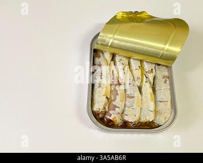 Open can of sardines. Stock Photo