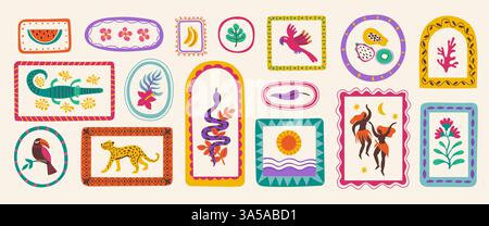 Abstract Hawaiian summer shapes. Vintage flowers fruits and leaves mosaic, cartoon tropical animals and people, tribal colorful ethnic collage style Stock Vector