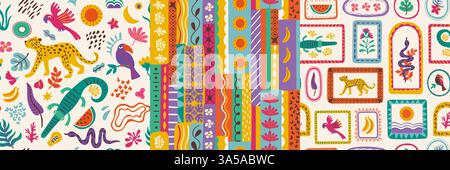 Exotic patchwork. Seamless print of tropical flowers animals and leaves, abstract tropic floral geometric shapes with jungle safari motifs. Vector Stock Vector
