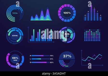 Data chart graph. Business statistics infographic elements, dat analysis progress report presentation with line and bar diagrams. Vector pie chart Stock Vector