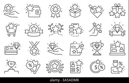 Benefit line icons. Star reward loyalty program, bonus outline pictograms, employee prize rewards voucher ticket, premium quality gift. Vector benefit Stock Vector