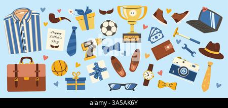 Happy father's day celebration with gifts, tools, and hobbies icon set. Stock Vector