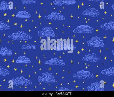 Chalk clouds seamless pattern. Midnight sky abstract background with magic stars. Weather symbols drawing with wax pencils. Kids bedroom cute Stock Vector