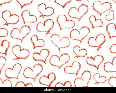 Seamless hearts pattern. Red and black color crayon stroke love symbols in doodle style. Ornament of hand drawn kid hearts elements. Graffiti colorful Stock Vector
