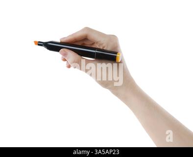 Woman with double sided marker on white background, closeup Stock Photo