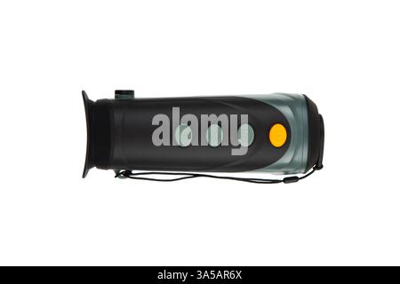 Thermal imaging monocular with multiple buttons, lens cover, and ergonomic design, ideal for night vision and outdoor activities, isolated on a white Stock Photo