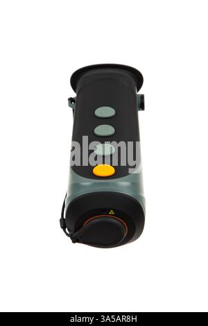 Thermal imaging monocular with multiple buttons, lens cover, and ergonomic design, ideal for night vision and outdoor activities, isolated on a white Stock Photo