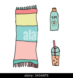 Beach essentials illustration featuring a striped towel, SPF bottle, and refreshing drink. Perfect for summer vacation designs and seaside relaxation Stock Vector