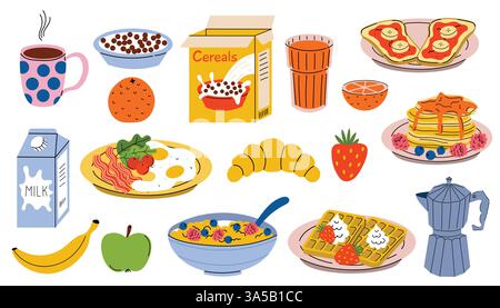 Breakfast set with eggs and cereals, fruits and coffee, pancakes and orange juice. Food collection of design elements. Stock Vector