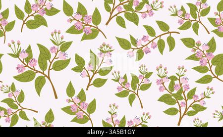 Beautiful cherry blossom branches seamless pattern. Spring background with branches and flowers. Blooming spring trees. Stock Vector