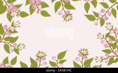 Beautiful cherry blossom branches pattern frame. Spring greeting card, postcard, invitation template, etc. Stock Vector