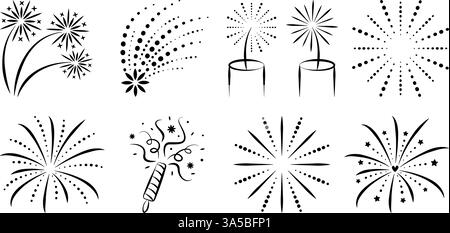 Fireworks, firecrackers, confetti streamers. Salute, sparkle and petard signs. Vector black line icon set for festive events and holidays celebrations Stock Vector