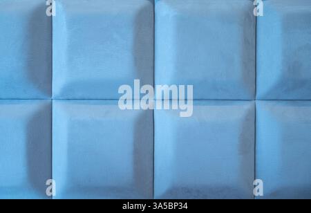 Blue Velvet Bed Headboard Texture Background. Stock Photo