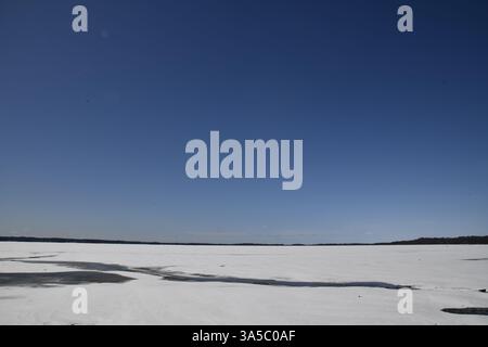 Spring on Lake Nipissing with single seagull in flight Stock Photo