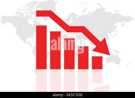 World map with red falling bar graph on white background. Stock Vector