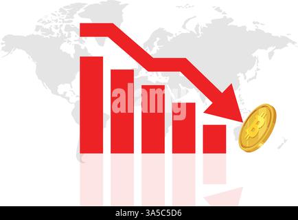 Red graph with gold coin on world map background. Stock Vector