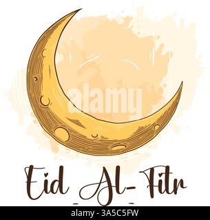 Eid al-Fitr lettering with moon vector hand drawn illustration Stock Vector