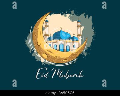 Eid Al Fitr Hari Raya Engraving Hand Drawn illustration Stock Vector