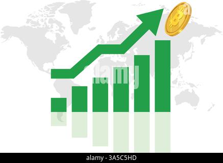 Financial growth graph with gold coin and world map Stock Vector