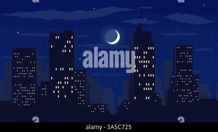 Night time cityscape pixel background. High buildings silhouette with moon, stars and clouds. 2d pixel video game nighttime with modern skyscrapers in Stock Vector