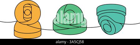 Security video cameras one line colored continuous drawing. External home security system. Vector illustration. Stock Vector