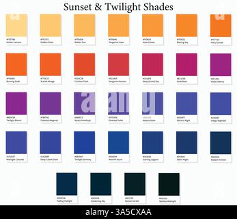 Color Swatches 32 Sunset and Twilight Shades - 3d Light, Orange, Pink, Blue to Dark Deep Tones - with HEX Codes and Names, Colour Palette, Scheme Stock Vector