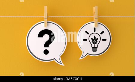 Question mark and light bulb on a speech balloon attached by string Stock Photo