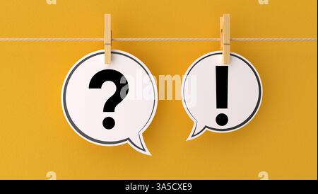 Question mark and exclamation mark on a speech balloon attached by string Stock Photo