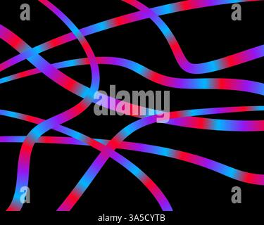 Multicolored Ribbon lines on a black background simple abstract colored lines of neon lights blue and red shades Stock Photo