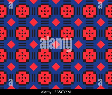 A vibrant geometric pattern featuring red flowers and diamonds on a blue background, interspersed with black stripes, creating a visually striking des Stock Photo