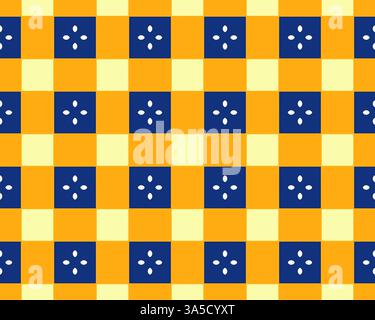 A vibrant geometric pattern featuring alternating squares in orange and blue, with white dots arranged in a floral design. Stock Photo