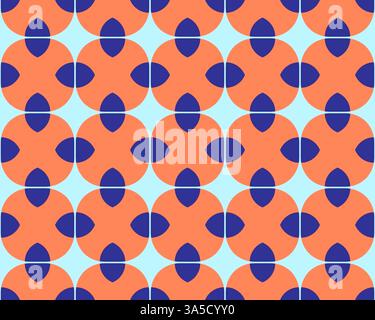 A seamless geometric pattern with orange circles and blue petal shapes on a light blue background. Stock Photo