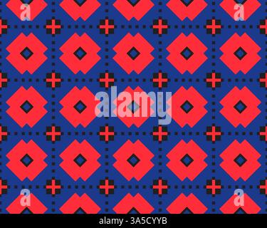 A vibrant geometric pattern featuring red flowers and diamonds on a blue background, interspersed with black stripes, creating a visually striking des Stock Photo